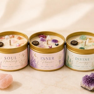 Mindfulnesskaarsen met edelstenen – Amethist, Rozenkwarts & Jade – Innerlijke rust, zielsgenezing, goddelijke energie – Geurkaarsen – Cadeau-idee