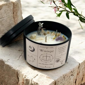Candle Zodiac sign Libra personalized scented candle with date of birth Zodiac candle Constellation Gemstones & dried flowers Gift idea