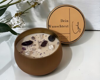 Personalisierte Duftkerze mit Wunschtext Namen Geburtsdatum Kerze in Dose gold mit Amethyst Edelsteinen Geschenkidee eigner Text Geburtstag