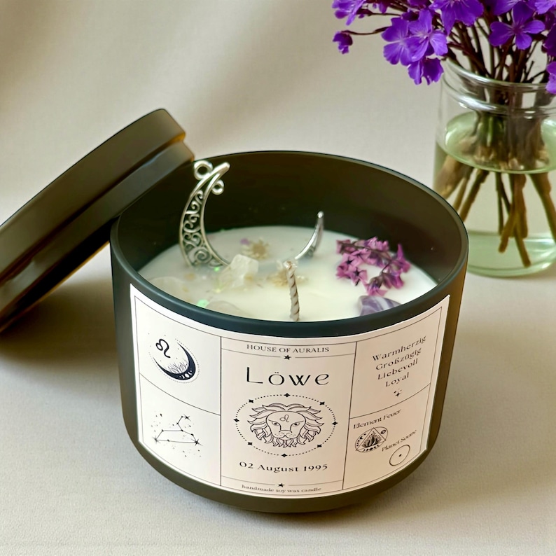 Vela del signo zodiacal Leo, vela perfumada personalizada con fecha de nacimiento, constelación, piedras preciosas y flores secas, idea de regalo imagen 1