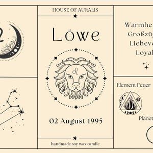 Vela del signo zodiacal Leo, vela perfumada personalizada con fecha de nacimiento, constelación, piedras preciosas y flores secas, idea de regalo imagen 5
