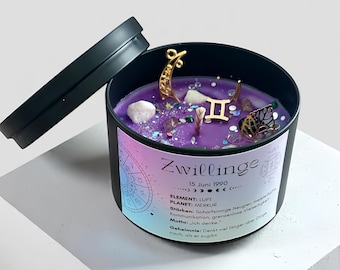 Vela con el signo zodiacal Géminis, vela perfumada personalizada, vela de cumpleaños con gemas y colgante, regalo de cumpleaños colorido
