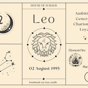 Vela del signo zodiacal Leo, vela perfumada personalizada con fecha de nacimiento, constelación, piedras preciosas y flores secas, idea de regalo englisch
