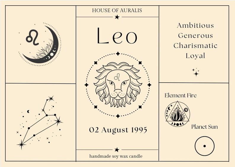 Vela del signo zodiacal Leo, vela perfumada personalizada con fecha de nacimiento, constelación, piedras preciosas y flores secas, idea de regalo englisch