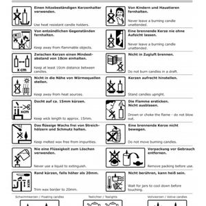 Puede incluir: Un conjunto de instrucciones de seguridad para quemar velas, con ilustraciones y texto en alem&aacute;n e ingl&eacute;s. Las instrucciones cubren temas como el uso de un portavelas resistente al calor, mantener las velas alejadas de objetos inflamables, mantener una distancia m&iacute;nima de 10 cm entre las velas y mantener las velas alejadas de las fuentes de calor.