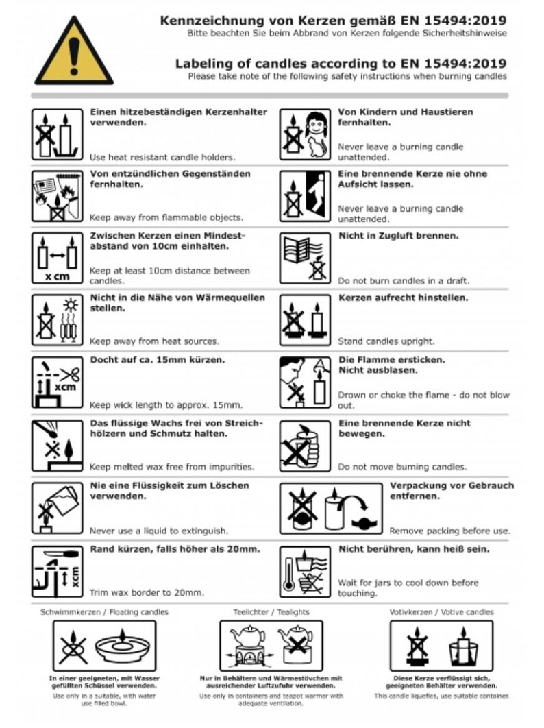 Puede incluir: Un conjunto de instrucciones de seguridad para quemar velas, con ilustraciones y texto en alem&aacute;n e ingl&eacute;s. Las instrucciones cubren temas como el uso de un portavelas resistente al calor, mantener las velas alejadas de objetos inflamables, mantener una distancia m&iacute;nima de 10 cm entre las velas y mantener las velas alejadas de las fuentes de calor.