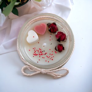 Personalisierte Duftkerze 'Wunschtext' Kerze im Glas vegan Sojawachs Custom Geschenk mit Text Geburtstagsgeschenk Muttertag Valentinstag Wachsherzen + Rosen