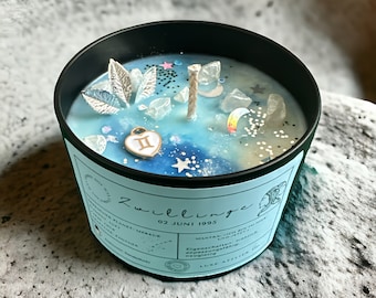 Candle Zodiac Sign Gemini Personalized Scented Candle Birthday Zodiac Candle Blue Silver Constellation Zodiac Moon Stars with Pendant