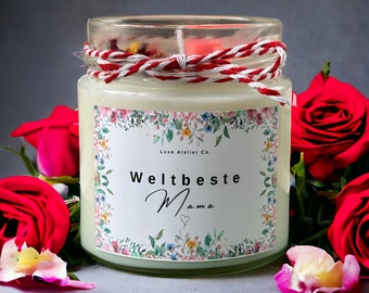 Duftkerze zum Muttertag 100% Sojawachs vegan mit Blüten Weltbeste Mama Mother's Day Muttertagsgeschenk Geschenkidee Kerze im Glas Herz