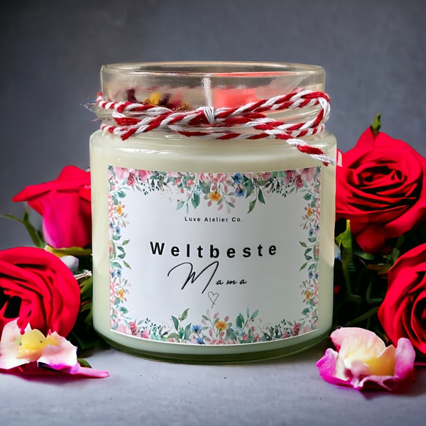 Duftkerze zum Muttertag 100% Sojawachs vegan mit Blüten Weltbeste Mama Mother's Day Muttertagsgeschenk Geschenkidee Kerze im Glas Herz