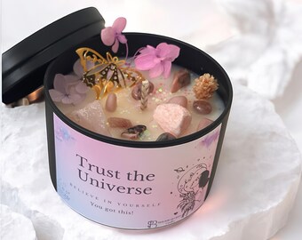 Trust the Universe candle made of soy wax gemstone scented candle affirmation Believe in yourself rose quartz amethyst gemstones & flowers gift