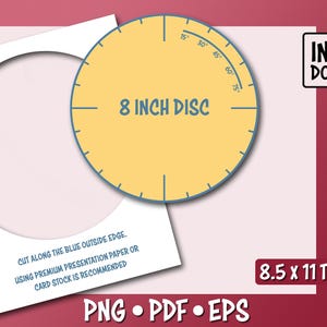 Könnte beinhalten: Eine digitale Vorlage mit einer 20,3 cm großen Scheibe mit Gradmarkierungen und dem Text "8 INCH DISC". Enthält eine weiße Papiervorlage mit einem kreisförmigen Ausschnitt. Das Bild enthält auch den Text "SOFORT-DOWNLOAD" und "8.5 x 11 TEMPLATES".
