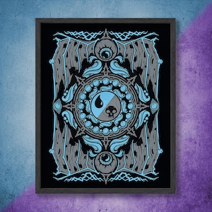 May include: A framed rectangular print featuring a black background with a central circular emblem containing a water drop and a skull. The design includes stylized grey wings, light blue accents, and two eyes positioned above and below the circle.