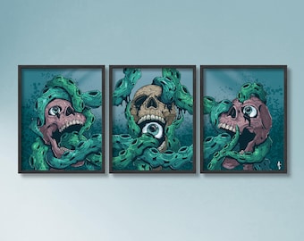Skull and Tentacle Triptych Art Print: Creepy Eldritch Horror (8.5x11)