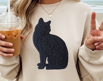Faux fil Black Cat PNG, faux tricot, tricot png, png confortable, ambiance preppy, faux point png, fausse broderie, maman chat, clipart chats originaux