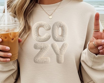 COSY faux fil au crochet 300 dpi png, lettres tricotées, coquette preppy, png tricoté, fil png, png confortable, ambiance preppy, faux crochet, amour du fil