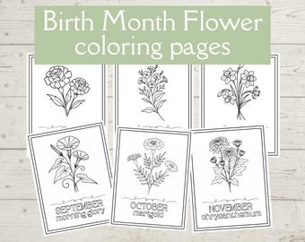 Pages à colorier de fleurs pour le mois de naissance, coloriage botanique amusant pour enfants et adultes, imprimable pour détente et soulagement du stress, téléchargement numérique