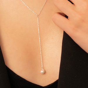 14k Solid Gold Pearl Y Necklace: Dainty Bridal Jewelry