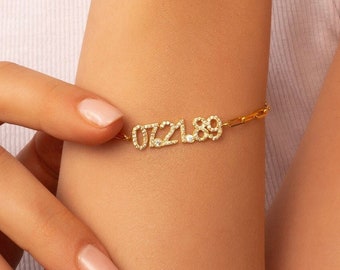 Personalized Gold Pave Name Bracelet, Silver Date Bracelet, Diamond Bracelet, Bridesmaid Gift, Birthday Gift, Dainty Bracelet, Gift for Mom