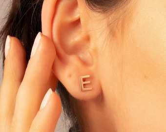 14K Solid Gold Initial Stud Earrings: Personalized Letter Earrings