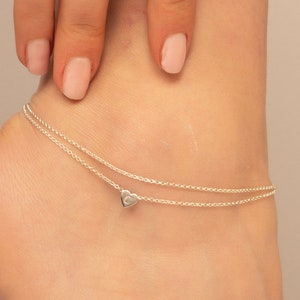 Dainty Heart Charm Anklet: 14K Gold Birthstone, Personalized Initial