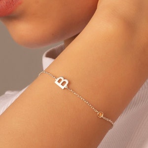 14K Gold Bracelet with Birthstone, Dainty Personalized Letter Birthstone Bracelet, Custom Bracelet Jewelry,Silver Birthstone Letter Bracelet
