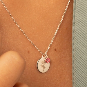 14K Gold Birthflower Coin Necklace: Engraved Floral Pendant, Birthstone Charm