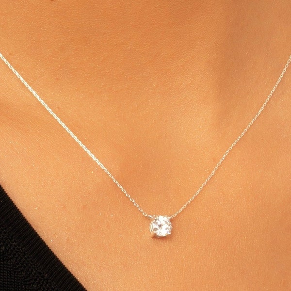 Solitaire Diamond Necklace, Dainty Diamond Necklace, Floating Diamond, Necklace for Mom, Solitaire Diamond Necklace, Bride Diamond Necklace