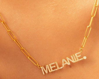 14K Gold Diamond Name Necklace, Personalized Pave Choker, Diamond Name Necklace, Silver Pave Name Necklace, Bridesmaid Necklace