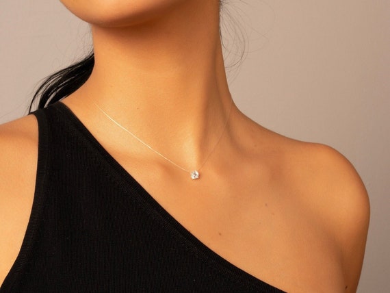 Solitaire Diamond Floating Illusion Necklace, Fishing Line Dot Necklace,  Transparent Peach Nylon Thread, Ghost String Necklace, Gift for Mom 