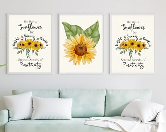 Wall Art Home Decor, Inspirational Sunflower Motivational Positive Affirmation, Set of 3, Therapy Home Office Decor, Mental Health Wellness