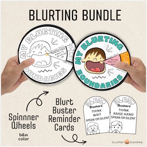 Puede incluir: Un conjunto de recursos imprimibles para enseñar a los niños a no interrumpir. El conjunto incluye dos ruedas de spinners en blanco y negro con las palabras "Mis límites de interrupción" y un conjunto de tarjetas de recordatorio con las palabras "Rompe interrupciones" y "Piensa Espera Habla o Silencio".
