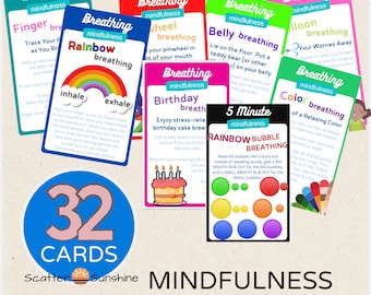 Op de afbeelding: Een set van 32 mindfulness ademhalings- en meditatiekaarten met kleurrijke illustraties en instructies voor verschillende ademhalingsoefeningen. De kaarten bevatten thema's zoals regenboog ademhaling, verjaardag ademhaling, buikademhaling en kleur ademhaling.