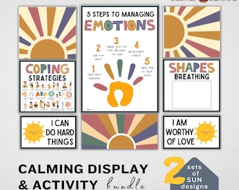 Kids Calming Corner Wall Art - Classroom Sun Calm Down Printable Decor Social Emotional Self Regulation Posters Feelings Chart Bundle Print