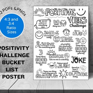Positivity Vibes Bucket List Challenge Poster, Wall Art, Kids Room Decor, Kids Printable, Mental Health Wellness Challenge, digital