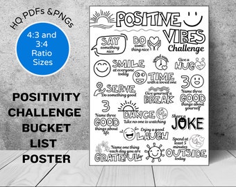 Positivity Vibes Bucket List Challenge Poster, Wall Art, Kids Room Decor, Kids Printable, Mental Health Wellness Challenge, digital