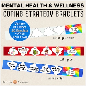 May include: A set of 18 colorful bracelets with coping strategies for mental health and wellness. The bracelets feature images and words like "Count to 10", "Take deep breaths", "Squeeze a squishy", "Think of a happy place", and "Ask for a hug". The text "Calm Down Clouds" appears on several of the bracelets.