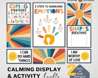 Kids Calming Corner Wall Art - Classroom Boho Calm Down Printable Decor Social Emotional Self Regulation Posters Feelings Chart Bundle Print