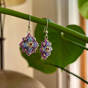 Purple, Silver, and Green Beaded Dangle Earrings