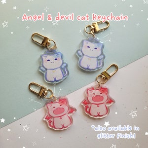 Kawaii Angel & Devil Cat keychain, 1.7 in, double-sided, front-side epoxy, glitter epoxy