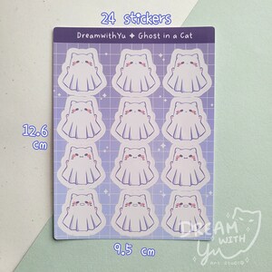 May include: A sheet of 24 stickers featuring a cute cartoon ghost cat design. The stickers are arranged in a grid pattern on a purple and blue background with white stars. The sheet measures 9.5 inches by 12.6 inches.