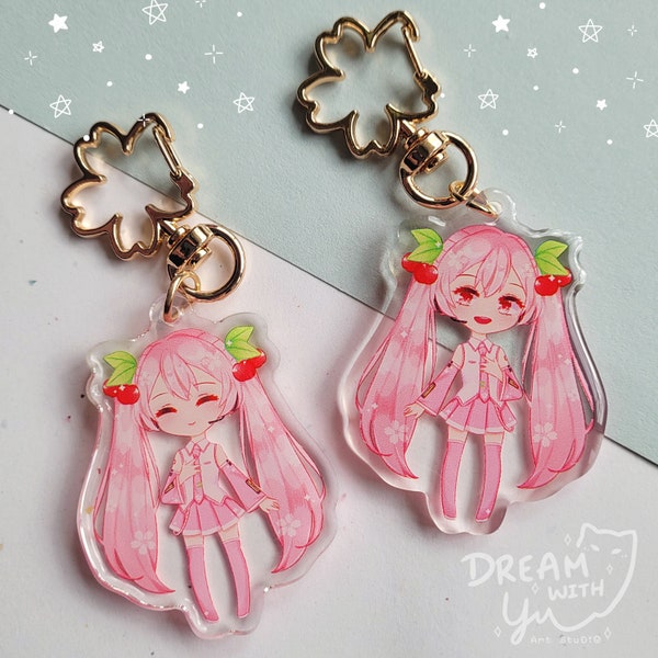 Sakura Miku acrylic keychain, double-sided, different image, 2.1 in front side epoxy & glitter finish option