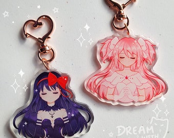 Madoka Magica| Goddess Madoka, Demon Homura keychain, 2.2 in, front side epoxy & glitter finish option