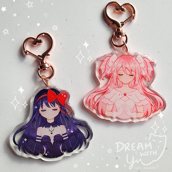 Madoka Magica| Goddess Madoka, Demon Homura keychain, 2.2 in, front side epoxy & glitter finish option