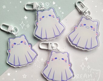 Kawaii spökkattnyckelring, dubbelsidig, annan bild, 2,1 tums akrylnyckelring, epoxiberlock