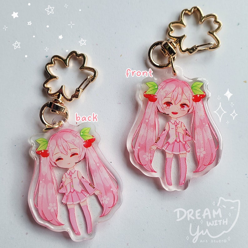 Sakura Miku acrylic keychain, double-sided, different image, 2.1 in front side epoxy & glitter finish option image 2