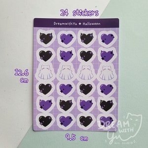 May include: A sheet of 24 Halloween themed stickers featuring purple and black hearts, ghosts, and devil horns. The sheet measures 9.5 inches by 12.6 inches.