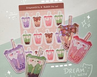 Kawaii Boba tea sticker sheet | 3" vinyl, waterproof stickers, journal sticker sheet, holographic sticker