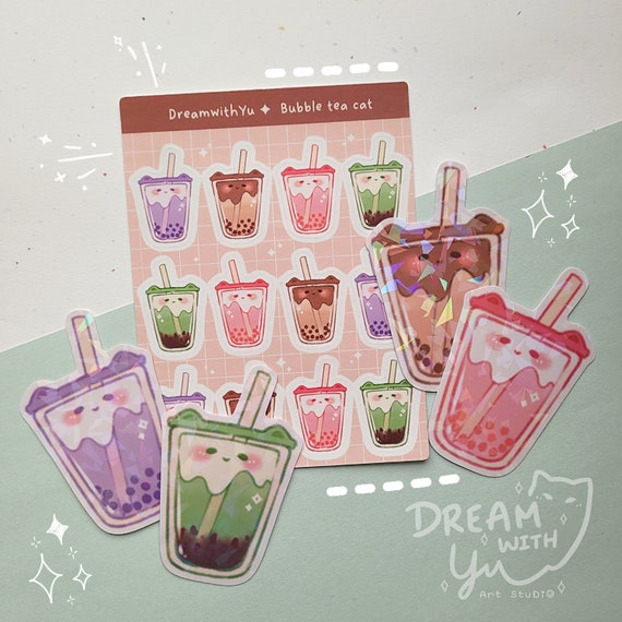 Kawaii Boba tea sticker sheet | 3" vinyl, waterproof stickers, journal sticker sheet, holographic sticker