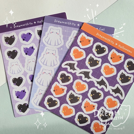 Kawaii Helloween-themed sticker, B grade cute ghost cat sticker sheet, planner & journal sticker, vinyl sticker sheet
